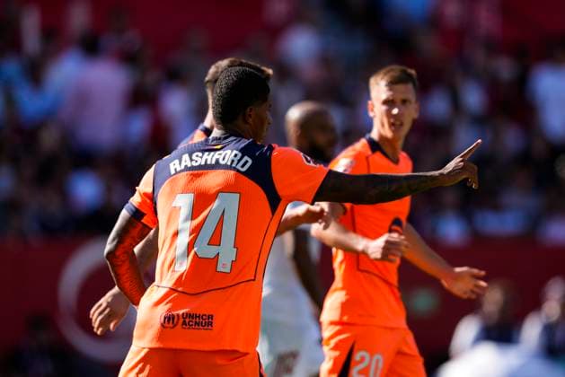 October 5, 2025, Sevilla, Sevilla, SPAIN: Marcus Rashford of FC Barcelona, Barca celebrates a goal during the Spanish league, LaLiga EA Sports, football match played between Sevilla FC and FC Barcelona at Ramon Sanchez-Pizjuan stadium on October 5, 2025, in Sevilla, Spain. Sevilla SPAIN - ZUMAa181 20251005_zaa_a181_107 Copyright: xJoaquinxCorcherox
