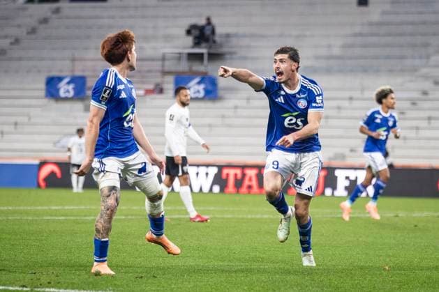 FOOTBALL: Ligue 1 Racing Strasbourg (RCS) vs Angers. 05 10 2025 Stade de la Meinau. Strasbourg - France Joie des joueurs de l equipe de Racing Strasbourg apres le but de Joaquin Panichelli 9 (RCS)  Copyright: xElyxandroxCEGARRAx