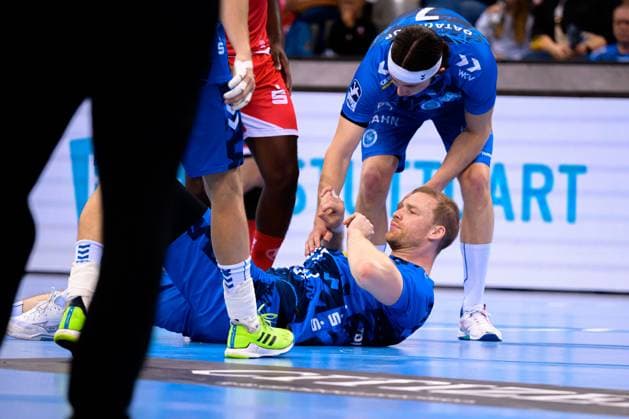 Stuttgart HBL 25 26 TVB Stuttgart MT Melsungen Jonas Truchanovicius Stuttgart Injured Injury Pain Stuttgart Porsche Arena Baden Württemberg Germany