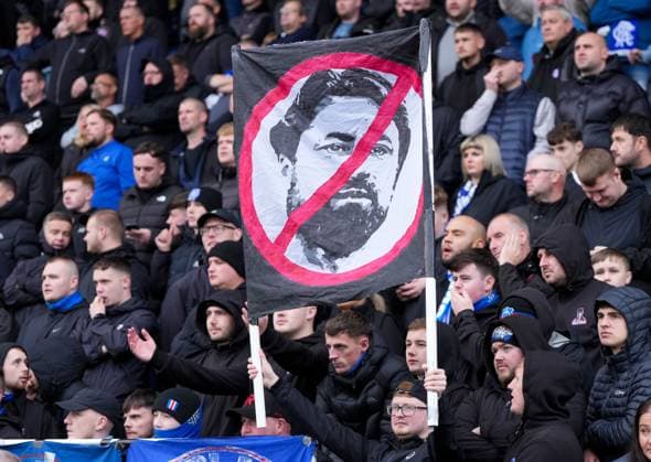 Rangers fans banner against Rangers Head Coach Russell Martin. Falkirk v Rangers, William Hill Scottish Premiership, Football, Falkirk Stadium, Falkirk, Scotland, UK - 05 Oct 2025Falkirk Falkirk Stadium United Kingdom EDITORIAL USE ONLY No use with unauthorised audio, video, data, fixture lists, club league logos or live services. Online in-match use limited to 120 images, no video emulation. No use in betting, games or single club league player publications. Copyright: xStuartxWallace Shutterstockx 15515833bt