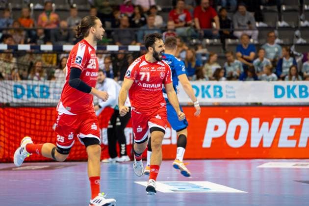 Handball I Men I Season 2025 2026 I Bundesliga I 7 Matchday I TVB Stuttgart MT Melsungen I 05 10 2025 Mohamed Darmoul 71, MT Melsungen cheers Stuttgart Porsche Arena Baden Württemberg Germany Copyright: xLobeca MaxxPetershansx