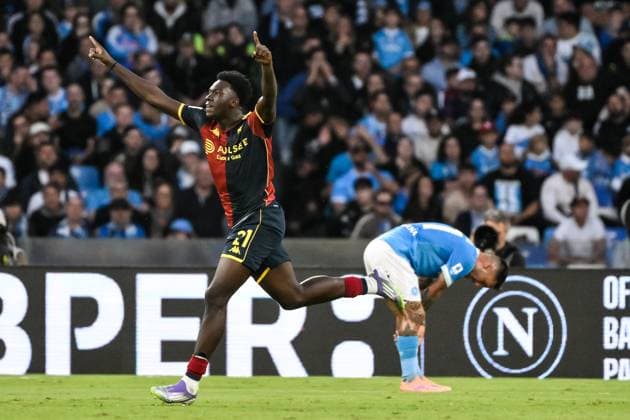 Jeff Ekhator of Genoa CFC celebrates after scoring the goal of 0-1 during the Serie A 2025 2026 football match between SSC Napoli and Genoa CFC at Diego Armando Maradona stadium in Naples (Italy), October 5, 2025. andreaxstaccioli