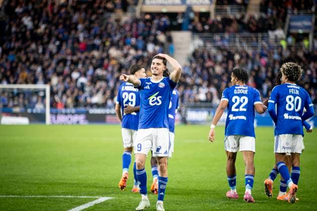 FOOTBALL: Ligue 1 Racing Strasbourg (RCS) vs Angers. 05 10 2025 Stade de la Meinau. Strasbourg - France Joie des joueurs de l equipe de Racing Strasbourg apres le but de Joaquin Panichelli 9 (RCS)  Copyright: xElyxandroxCEGARRAx
