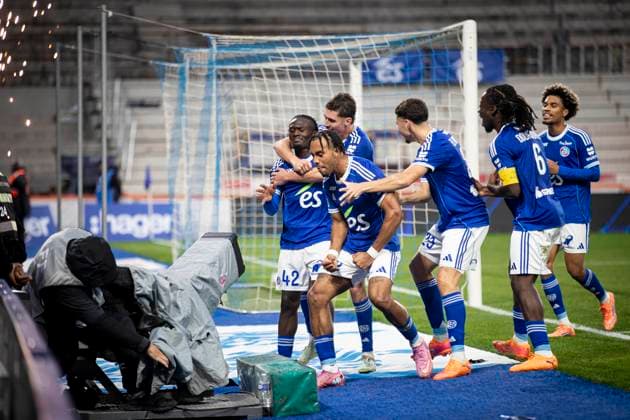 FOOTBALL: Ligue 1 Racing Strasbourg (RCS) vs Angers. 05 10 2025 Stade de la Meinau. Strasbourg - France Joie des joueurs de l equipe de Racing Strasbourg apres le but de Abdoul Ouattara 42 (RCS)  Copyright: xElyxandroxCEGARRAx