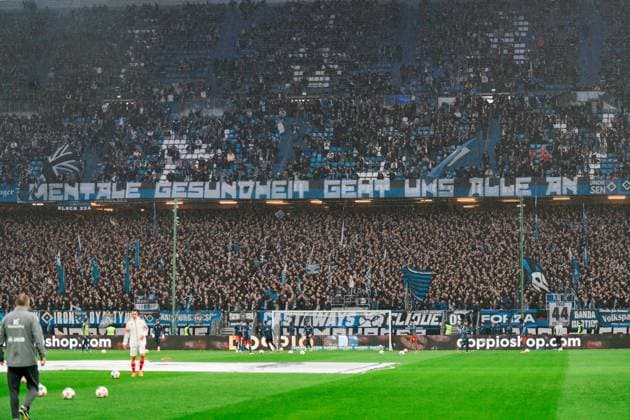 Germany, Soccer, 1 Bundesliga 2025 26, Matchday 6 HSV vs 1 FSV Mainz Volksparkstadion Hamburg Banner Mental Health HSV Copyright: xJamesxZabelx