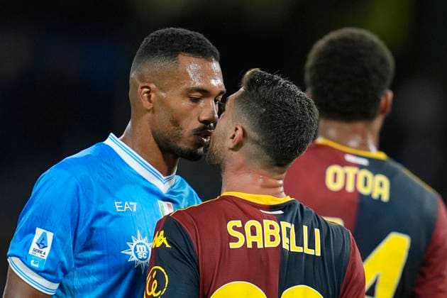 Juan Jesus (SSC Napoli) argues with Stefano Sabelli (Genoa CFC), Serie A, SSC Napoli v Genoa CFC, Diego Maradona, October 5, 2025, Napoli, Italy.