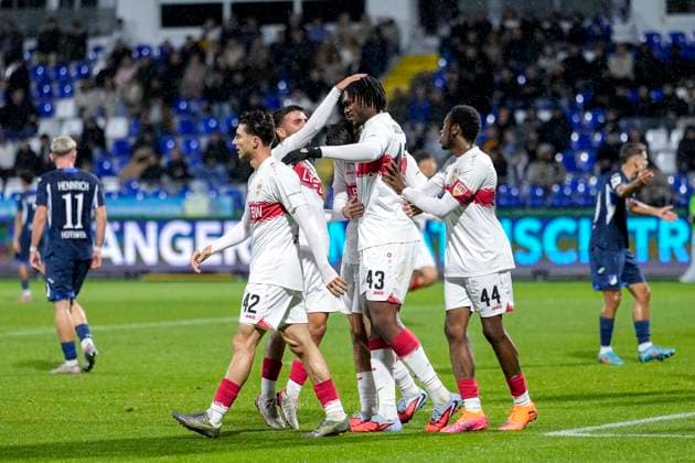 Players of VfB Stuttgart II U21 , cheer about the goal to 0 1, jubilation, goal celebration, celebrate the goal, goal, celebration, cheers about the goal, rejoicing, joy, rejoices, optimistic, positive, game scene, Highlight, Action, Action, 05 10 2025, Sinsheim Germany , Soccer, 3 Liga, TSG 1899 Hoffenheim II VfB Stuttgart II, DFB DFL REGULATIONS PROHIBIT ANY USE OF PHOTOGRAPHS AS IMAGE SEQUENCES AND OR QUASI VIDEO xozx
