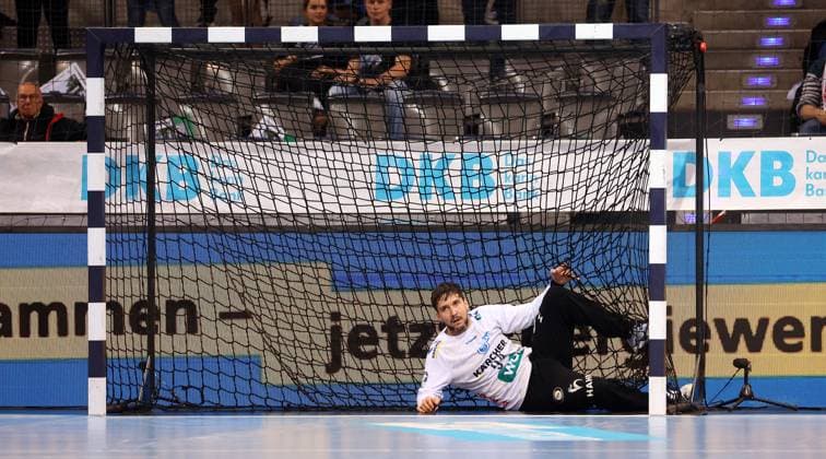 BAU 05 10 2025 Stuttgart Handball TVB Stuttgart vs MT Melsungen, Daniel Rebmann TVB on the ground in goal
