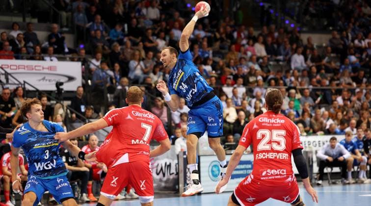 BAU 05 10 2025 Stuttgart Handball TVB Stuttgart vs MT Melsungen, Kai Häfner TVB, on the ball