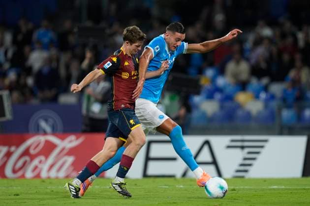 Morten Frendrup (Genoa CFC) and Lorenzo Lucca (SSC Napoli) battle for the ball, Serie A, SSC Napoli v Genoa CFC, Diego Maradona, October 5, 2025, Napoli, Italy.