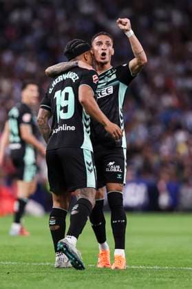 October 5, 2025, Cornella, Barcelona, SPAIN: Cucho Hernandez of Real Betis Balompie celebrates a goal with Antony during the Spanish league, La Liga EA Sports, football match played between RCD Espanyol and Real Betis Balompie at RCDE Stadium on October 05, 2025 in Cornella, Barcelona, Spain. Cornella SPAIN - ZUMAa181 20251005_zaa_a181_258 Copyright: xJavierxBorregox