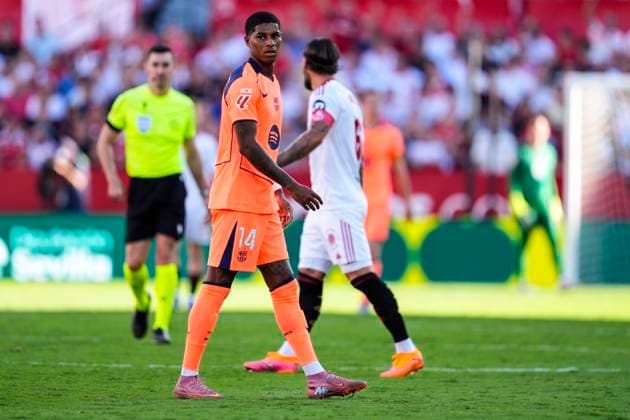 October 5, 2025, Sevilla, Sevilla, SPAIN: Marcus Rashford of FC Barcelona, Barca looks on during the Spanish league, LaLiga EA Sports, football match played between Sevilla FC and FC Barcelona at Ramon Sanchez-Pizjuan stadium on October 5, 2025, in Sevilla, Spain. Sevilla SPAIN - ZUMAa181 20251005_zaa_a181_225 Copyright: xJoaquinxCorcherox