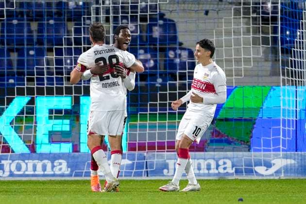from left Dominik Nothnagel VfB II, 29 , goal scorer Mohamed Sankoh VfB II, 44 , Nicolas Sessa VfB II, 10 , players of VfB Stuttgart II U21 , celebrate the goal to 1 3, cheer, goal celebration, celebrate the goal, goal, celebration, cheers about the goal, rejoice, joy, rejoices, optimistic, positive, game scene, highlight, action, 05 10 2025, Sinsheim Germany , football, 3 Liga, TSG 1899 Hoffenheim II VfB Stuttgart II, DFB DFL REGULATIONS PROHIBIT ANY USE OF PHOTOGRAPHS AS IMAGE SEQUENCES AND OR QUASI VIDEO xozx