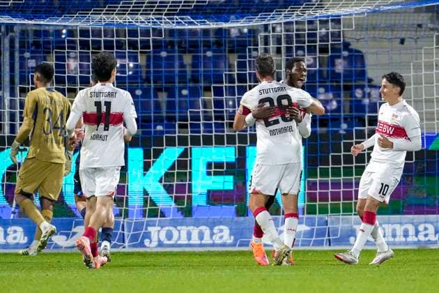 from left Efe Korkut Martin VfB II, 11 , Dominik Nothnagel VfB II, 29 , goalscorer Mohamed Sankoh VfB II, 44 , Nicolas Sessa VfB II, 10 , players from VfB Stuttgart II U21 , celebrate the goal, celebrate the goal, goal, celebration, cheers about the goal, rejoice, joy, rejoices, optimistic, positive, match scene, highlight, action, 05 10 2025, Sinsheim Germany , football, 3 Liga, TSG 1899 Hoffenheim II VfB Stuttgart II, DFB DFL REGULATIONS PROHIBIT ANY USE OF PHOTOGRAPHS AS IMAGE SEQUENCES AND OR QUASI VIDEO xozx