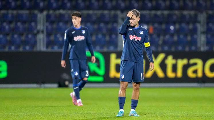 from left Luca Erlein TSG II 24 , Luka Djuric Duric, TSG II, 10 , player of TSG 1899 Hoffenheim II U23 , looking disappointed, disappointment, frustration, disappointed, pessimistic, after the goal conceded for 1 3, Action, Action, Game scene, 05 10 2025, Sinsheim Germany , Soccer, 3 Liga, TSG 1899 Hoffenheim II VfB Stuttgart II, DFB DFL REGULATIONS PROHIBIT ANY USE OF PHOTOGRAPHS AS IMAGE SEQUENCES AND OR QUASI VIDEO xozx