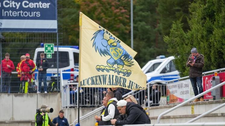 Soccer, Men, Season 2025 2026, Regionalliga Nordost, Matchday 11, FSV 63 Luckenwalde vs FC Carl Zeiss Jena, Saturday 05 10 2025, Werner Seelenbinder Stadion Luckenwalde, Pictured A flag of the Luckenwalde fans with the inscription Luckenwalder Jungs Brandenburg Deutschland