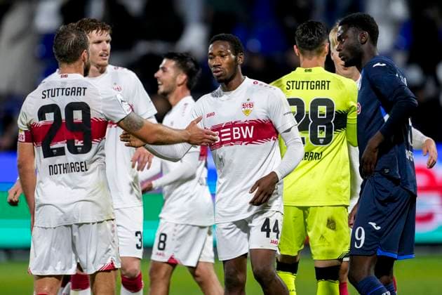from left Dominik Nothnagel VfB II, 29 , Jordan Aleksander Majchrzak VfB II, 30 , Samuele Di Benedetto VfB II, 8 , Mohamed Sankoh VfB II, 44 , Dominik Draband goalkeeper, VfB II, 28 , cheering after the final whistle, joy about the victory, winner, winner, cheers, cheer, cheerful, positive, happy, rejoice, optimistic, highlight, action, 05 10 2025, Sinsheim Germany , Soccer, 3 Liga, TSG 1899 Hoffenheim II VfB Stuttgart II, DFB DFL REGULATIONS PROHIBIT ANY USE OF PHOTOGRAPHS AS IMAGE SEQUENCES AND OR QUASI VIDEO xozx