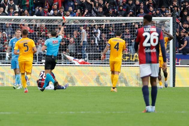 5th October 2025; Stadio Renato Dall Ara, Bologna, Italy, Serie A Football, Bologna versus Pisa; referee Rosario Abisso issues a red card to Idrissa Toure of Pisa SC  EmanuelexPennacchio