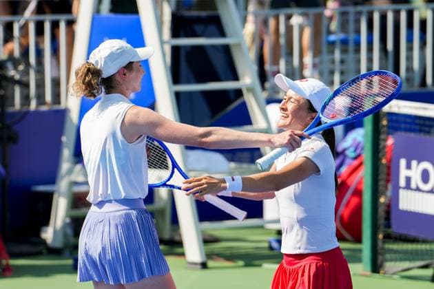 WUHAN, CHINA - OCTOBER 06: Shuko Aoyama of Japan and Cristina Bucsa of Spain react in the Women s Doubles Round of 32 match against Zhang Shuai of China and Kristina Mladenovic of France on day 3 of 2025 Wuhan Open at Optics Valley International Tennis Center on October 6, 2025 in Wuhan, Hubei Province of China.  Copyright: xVCGx 111595399830