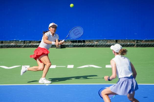 WUHAN, CHINA - OCTOBER 06: Shuko Aoyama of Japan and Cristina Bucsa of Spain return a shot in the Women s Doubles Round of 32 match against Zhang Shuai of China and Kristina Mladenovic of France on day 3 of 2025 Wuhan Open at Optics Valley International Tennis Center on October 6, 2025 in Wuhan, Hubei Province of China.  Copyright: xVCGx 111595399825