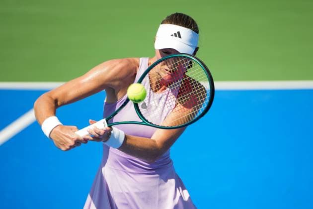 WUHAN, CHINA - OCTOBER 06: Zhang Shuai (not in the picture) of China and Kristina Mladenovic of France returns a shot in the Women s Doubles Round of 32 match against Shuko Aoyama of Japan and Cristina Bucsa of Spain on day 3 of 2025 Wuhan Open at Optics Valley International Tennis Center on October 6, 2025 in Wuhan, Hubei Province of China.  Copyright: xVCGx 111595399815