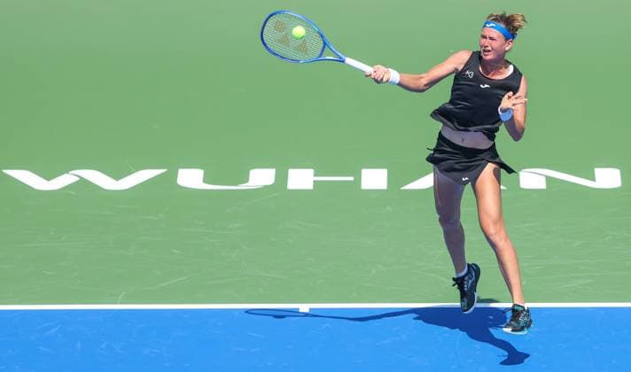 WUHAN, CHINA - OCTOBER 06: Marie Bouzkova of Czech Republic returns a shot in the Women s Singles Round of 64 match against Camila Osorio of Colombia on day 3 of 2025 Wuhan Open at Optics Valley International Tennis Center on October 6, 2025 in Wuhan, Hubei Province of China.  Copyright: xVCGx 111595402126
