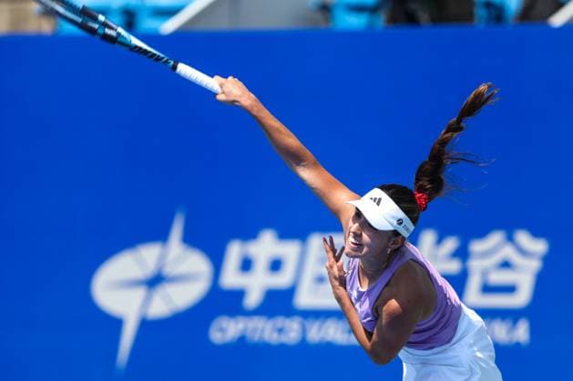 WUHAN, CHINA - OCTOBER 06: Camila Osorio of Colombia returns a shot in the Women s Singles Round of 64 match against Marie Bouzkova of Czech Republic on day 3 of 2025 Wuhan Open at Optics Valley International Tennis Center on October 6, 2025 in Wuhan, Hubei Province of China.  Copyright: xVCGx 111595402135