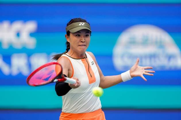 WUHAN, CHINA - OCTOBER 06: Zhu Lin of China returns a shot in the Women s Singles Round of 64 match against Maya Joint of Australia on day 3 of 2025 Wuhan Open at Optics Valley International Tennis Center on October 6, 2025 in Wuhan, Hubei Province of China.  Copyright: xVCGx 111595410667