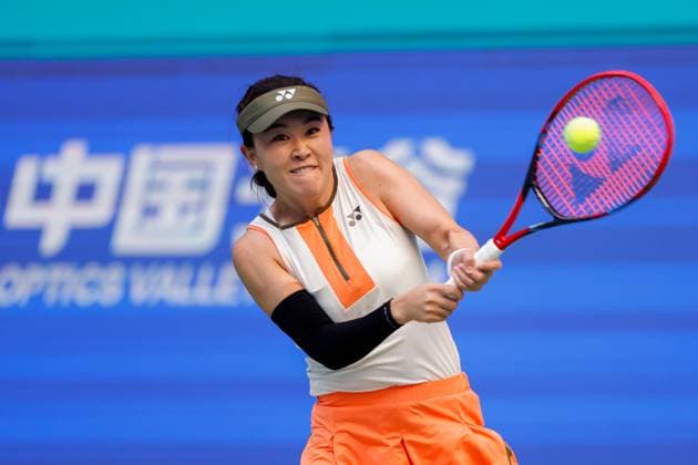 WUHAN, CHINA - OCTOBER 06: Zhu Lin of China returns a shot in the Women s Singles Round of 64 match against Maya Joint of Australia on day 3 of 2025 Wuhan Open at Optics Valley International Tennis Center on October 6, 2025 in Wuhan, Hubei Province of China.  Copyright: xVCGx 111595410662