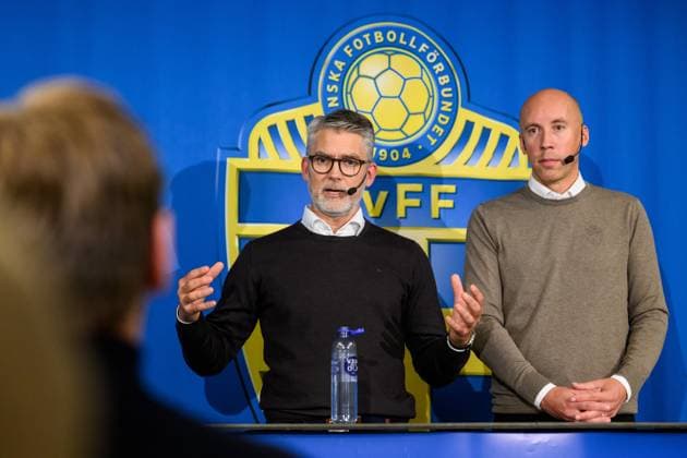 251006 Niclas CarlnÃ n, future Secretary General, and Simon Aström, President, of the Swedish Football Association, during a press conference on October 6, 2025 in Stockholm  Copyright: JESPERxZERMAN BB251006JZ005