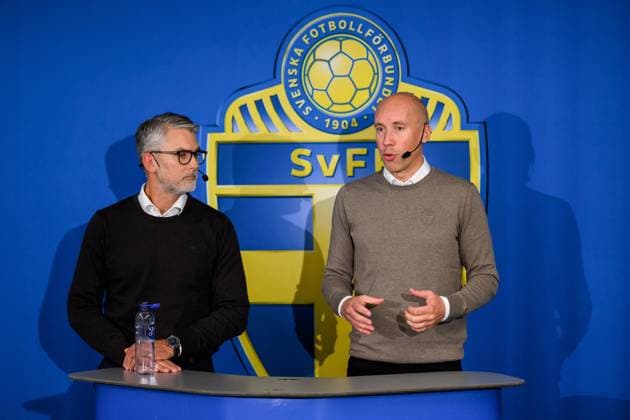251006 Niclas CarlnÃ n, future Secretary General, and Simon Aström, President, of the Swedish Football Association, during a press conference on October 6, 2025 in Stockholm  Copyright: JESPERxZERMAN BB251006JZ015