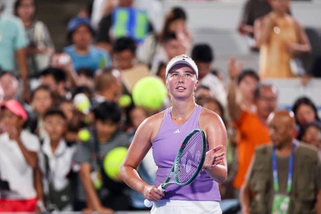 WUHAN, CHINA - OCTOBER 06: Clara Tauson of Denmark reacts in the Women s Singles Round of 64 match against Olga Danilovic of Serbia on day 3 of 2025 Wuhan Open at Optics Valley International Tennis Center on October 6, 2025 in Wuhan, Hubei Province of China.  Copyright: xVCGx 111595443131