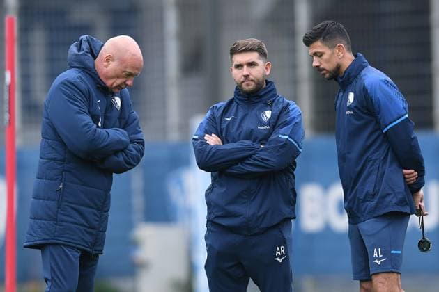 Soccer 1 Bundesliga training VfL Bochum on 06 10 2025 at the training ground at the Vonovia Ruhrstadion in Bochum Uwe Rösler coach head coach Bochum , left Alessandro Riedle co-coach Bochum , center Anthony Losilla co-coach Bochum , right xRx