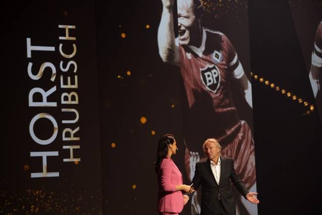 Dortmund on October 6, 2025 HALL OF FAME Award Ceremony 2025 at the German Football Museum f ,l , presenter Esther Sedlaczek, Horst Hrubesch Copyright: JoaquimxFerreira