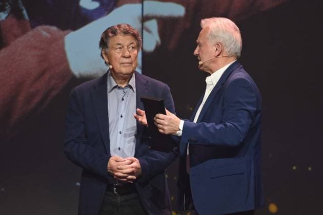 Award winner Otto REHHAGEL and laudator Benno MOEHLMANN, Möhlmann HALL OF FAME Award Ceremony 2025 on 06 10 2025 at the German Football Museum in Dortmund Germany Â
