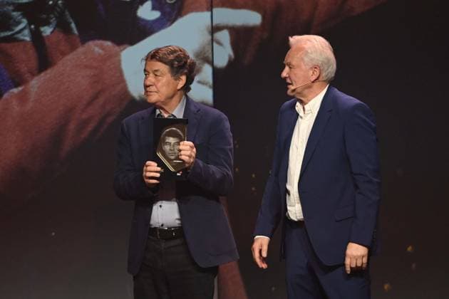 Award winner Otto REHHAGEL and laudator Benno MOEHLMANN, Möhlmann HALL OF FAME Award Ceremony 2025 on 06 10 2025 at the German Football Museum in Dortmund Germany Â