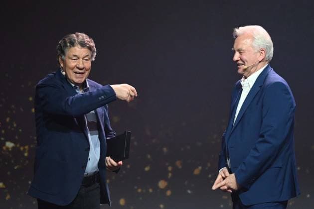 Award winner Otto REHHAGEL and laudator Benno MOEHLMANN, Möhlmann HALL OF FAME Award Ceremony 2025 on 06 10 2025 at the German Football Museum in Dortmund Germany Â