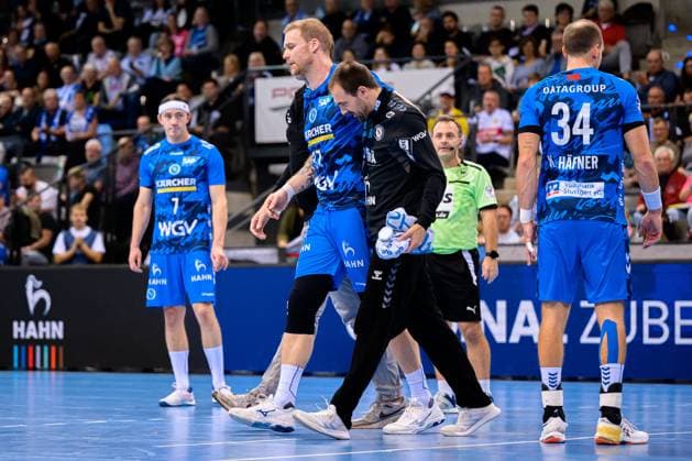 Stuttgart HBL 25 26 TVB Stuttgart MT Melsungen Jonas Truchanovicius Stuttgart Injured Injury Pain Stuttgart Porsche Arena Baden Württemberg Germany