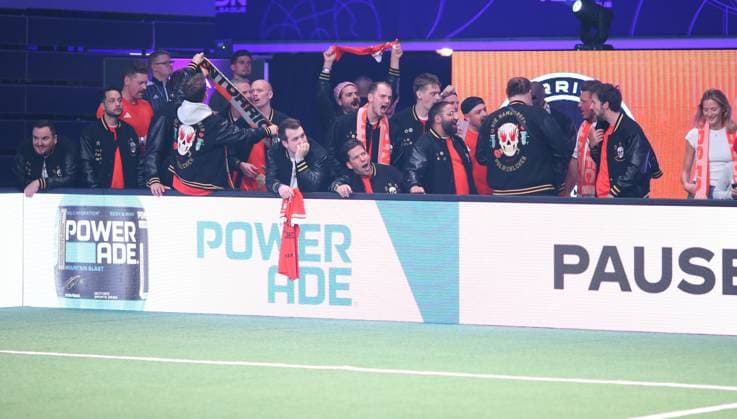 Indoor soccer, The Icon League, season three, match day two at the Sporthalle Hamburg in Alsterdorf Game four Wontorriors FC B28 United The Hamburger Goldkehlchen mens choir cheers on the Wontorriors Winterhude Hamburg