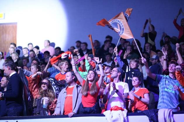 Indoor soccer, The Icon League, season three, match day two at Sporthalle Hamburg in Alsterdorf match four Wontorriors FC B28 United Fans of Wontorriors FC in the stands of Sporthalle Hamburg Winterhude Hamburg