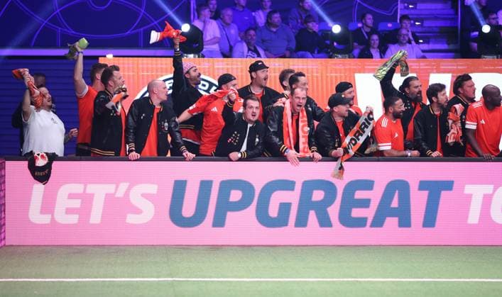 Indoor soccer, The Icon League, season three, match day two at the Sporthalle Hamburg in Alsterdorf Game four Wontorriors FC B28 United The Hamburger Goldkehlchen mens choir cheers on the Wontorriors Winterhude Hamburg