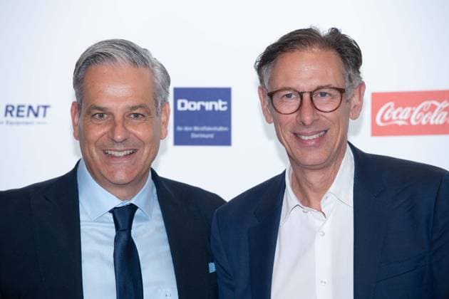 from left Manuel NEUKIRCHNER, Director of the German Football Museum, Steffen SIMON, Presenter, Red Carpet, Red Carpet Show, Arrival, HALL OF FAME Award Ceremony 2025 on 06 10 2025 at the German Football Museum in Dortmund Germany Â