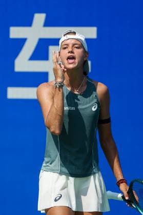 WUHAN, CHINA - OCTOBER 07: Emiliana Arango of Colombia reacts in the Women s Singles Round of 64 match against Liudmila Samsonova on day 4 of 2025 Wuhan Open at Optics Valley International Tennis Center on October 7, 2025 in Wuhan, Hubei Province of China.  Copyright: xVCGx 111595613596