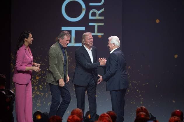 from left presenter Esther SEDLACZEK, laudator Manfred KALTZ, award winner Horst HRUBESCH and laudator Klaus FISCHER, HALL OF FAME Award Ceremony 2025 on 06 10 2025 at the German Football Museum in Dortmund Germany Â