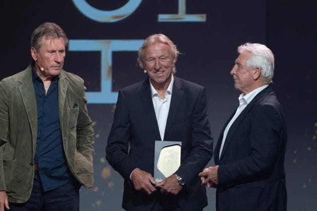 from left laudator Manfred KALTZ, award winner Horst HRUBESCH and laudator Klaus FISCHER, HALL OF FAME Award Ceremony 2025 on 06 10 2025 at the German Football Museum in Dortmund Germany Â