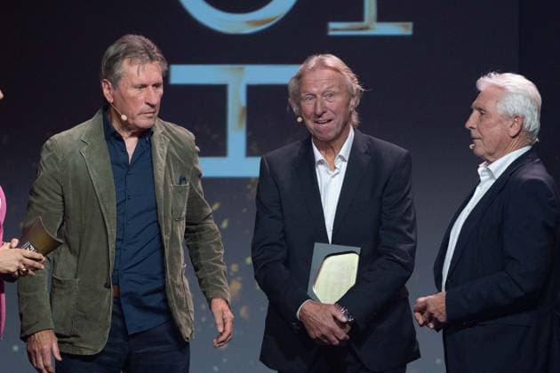 from left laudator Manfred KALTZ, award winner Horst HRUBESCH and laudator Klaus FISCHER, HALL OF FAME Award Ceremony 2025 on 06 10 2025 at the German Football Museum in Dortmund Germany Â
