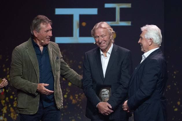 from left laudator Manfred KALTZ, award winner Horst HRUBESCH and laudator Klaus FISCHER, HALL OF FAME Award Ceremony 2025 on 06 10 2025 at the German Football Museum in Dortmund Germany Â