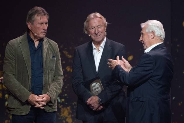 from left laudator Manfred KALTZ, award winner Horst HRUBESCH and laudator Klaus FISCHER, HALL OF FAME Award Ceremony 2025 on 06 10 2025 at the German Football Museum in Dortmund Germany Â