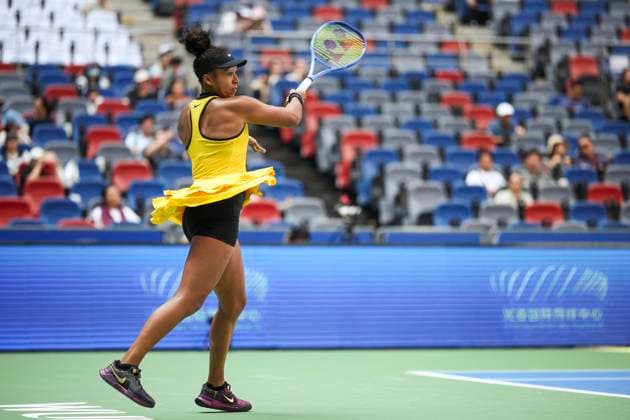 WUHAN, CHINA - OCTOBER 07: Naomi Osaka of Japan returns a shot in the Women s Singles Round of 64 match against Leylah Fernandez of Canada on day 4 of 2025 Wuhan Open at Optics Valley International Tennis Center on October 7, 2025 in Wuhan, Hubei Province of China.  Copyright: xVCGx 111595619480
