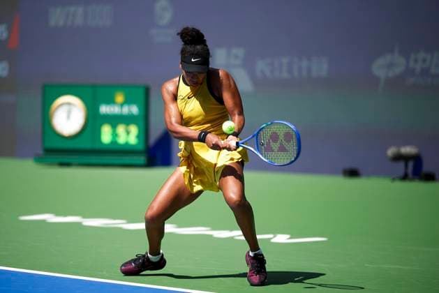 WUHAN, CHINA - OCTOBER 07: Naomi Osaka of Japan returns a shot in the Women s Singles Round of 64 match against Leylah Fernandez of Canada on day 4 of 2025 Wuhan Open at Optics Valley International Tennis Center on October 7, 2025 in Wuhan, Hubei Province of China.  Copyright: xVCGx 111595619473